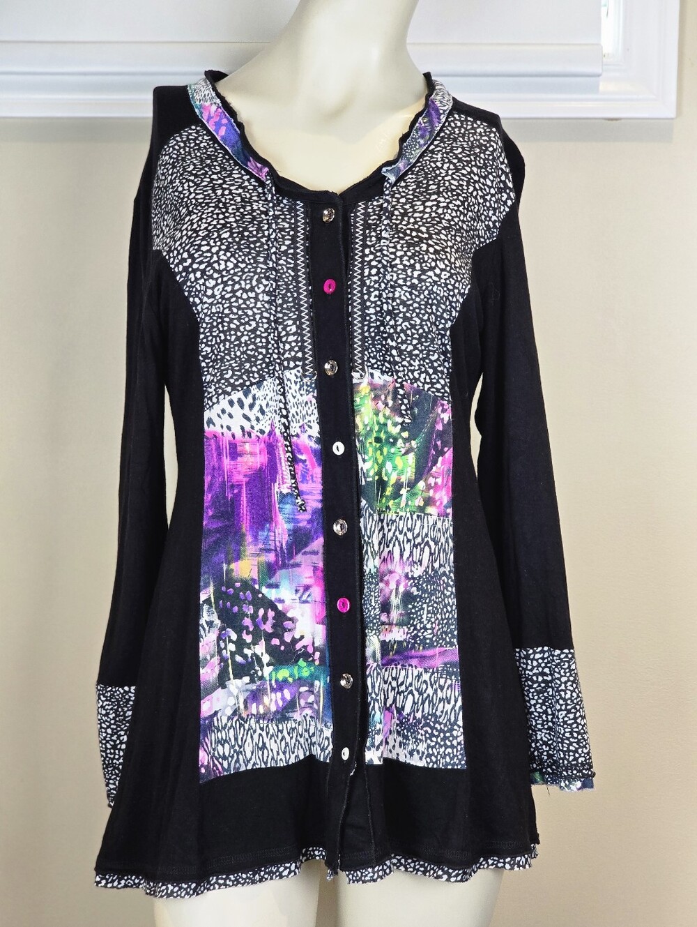 Patchwork Art to Wear Mixed Media Jersey Knit Tunic- Top Size Small